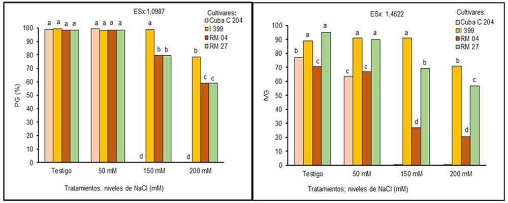 Porcentaje de germinación (PG) e índice de velocidad de germinación (IVG) de los cultivares de trigo (Triticum aestivum L.) Cuba C 204, I 399 y RM 04, en presencia de diferentes concentraciones de cloruro de sodio (NaCl) (50, 150 y 200 mM) y un testigo absoluto